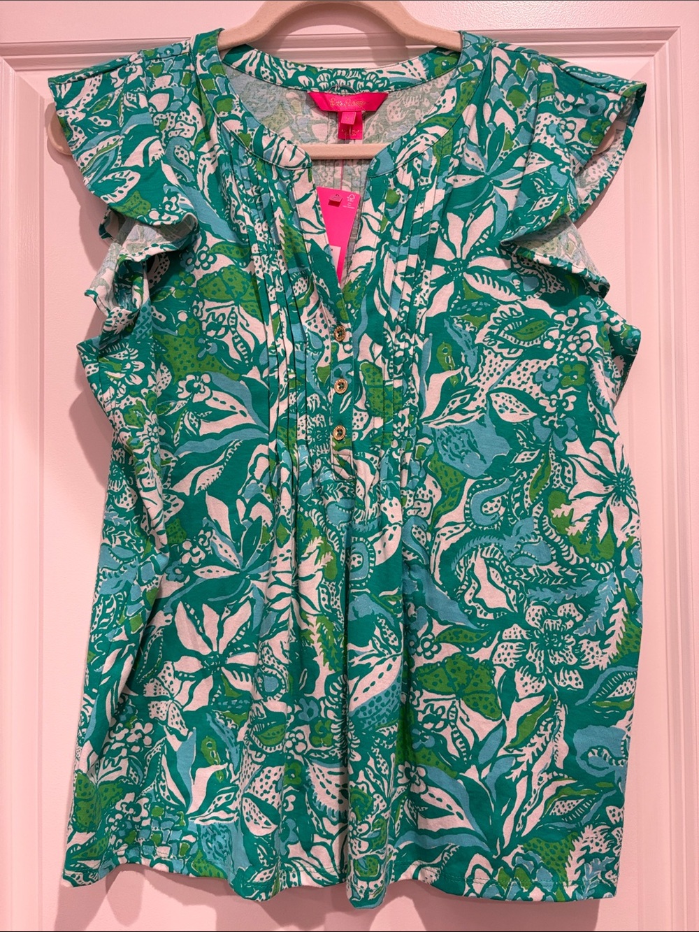 NWT Lilly Pulitzer Botanical Green Safari Sangria Floral Ruffle Sleeve Top, S